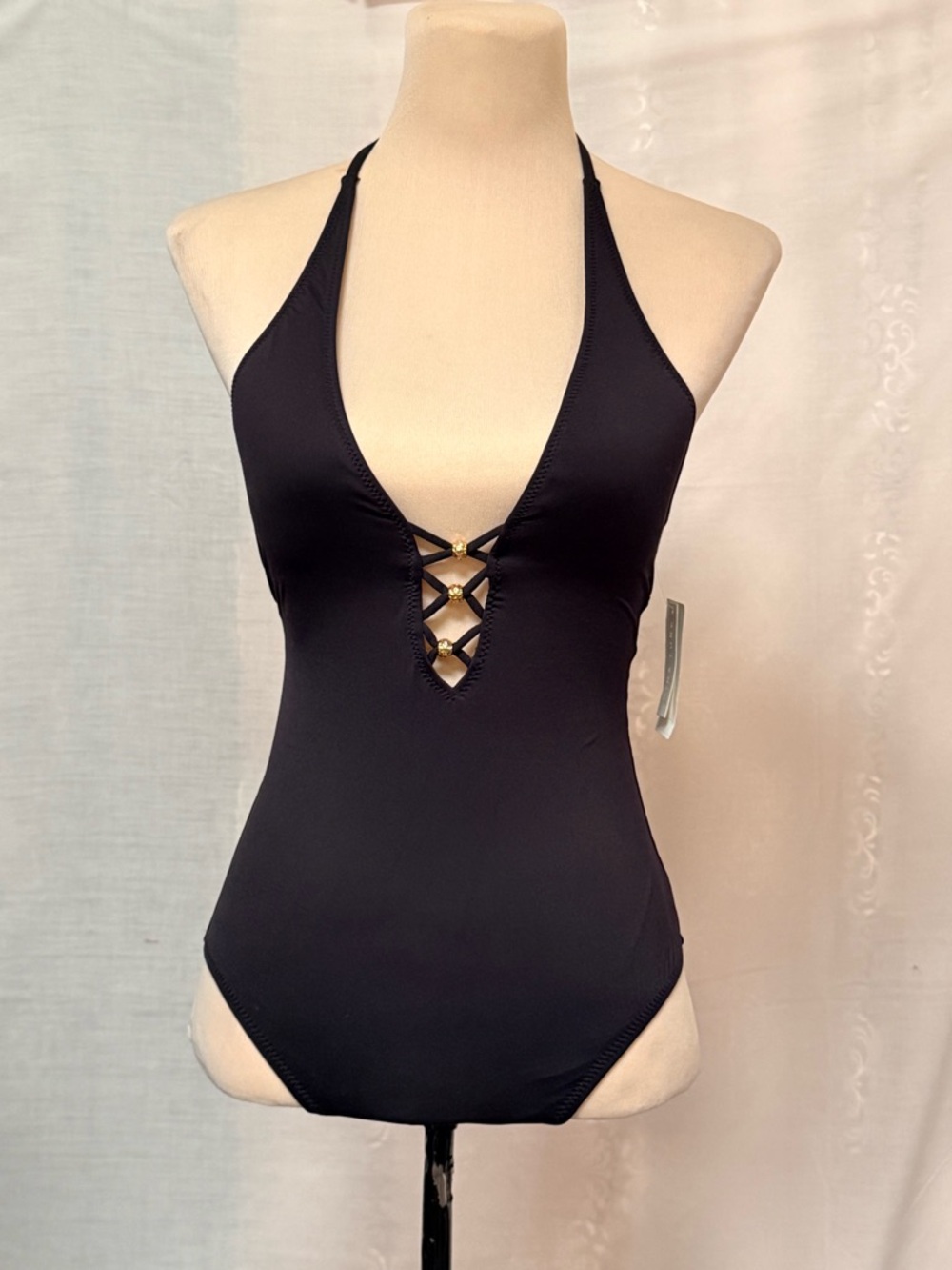 Trina Turk Black Halter One-Piece with Gold Bead Lace-Up Detail